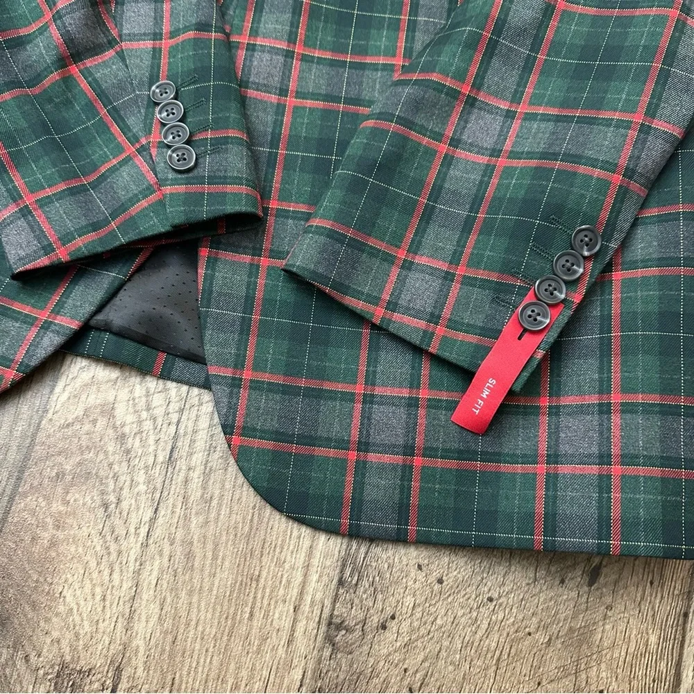 JF J Ferrar Sports Coat Slim Suit Jacket Men's XL 46/48 R Plaid Red Green